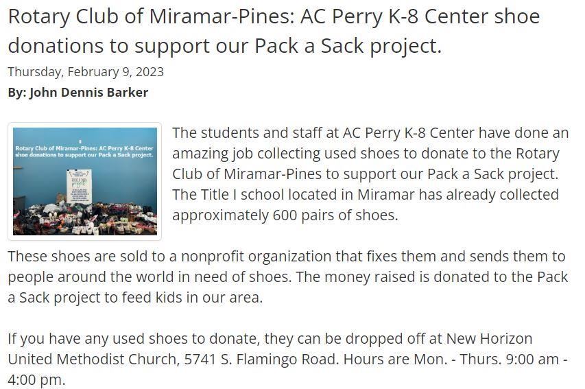 Rotary Club of Miramar-Pines: AC Perry K-8 Center shoe donations to support our Pack a Sack project.